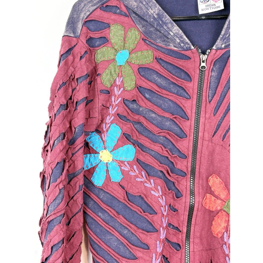 Women's Zip-Up Large Sweatshirt India Boutique Hippie Deadhead Applique Floral - Picture 4 of 11